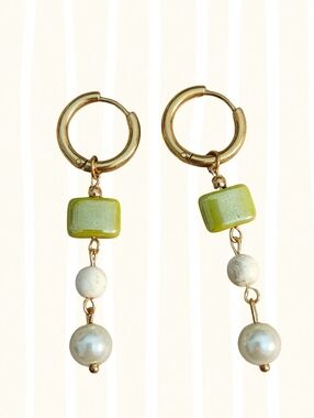 Gold Hoop Drop Earrings with Green Glass Beads and Pearl Accents